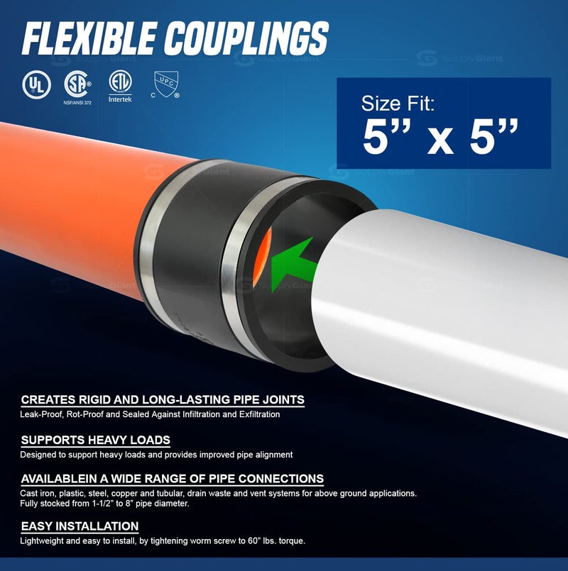 SUPPLYGIANT Supply Giant 6I42 Flexible PVC Coupling with Stainless Steel Clamps, 5.5" Inner Diameter for 5" Nominal Pipe, Black - Image 3